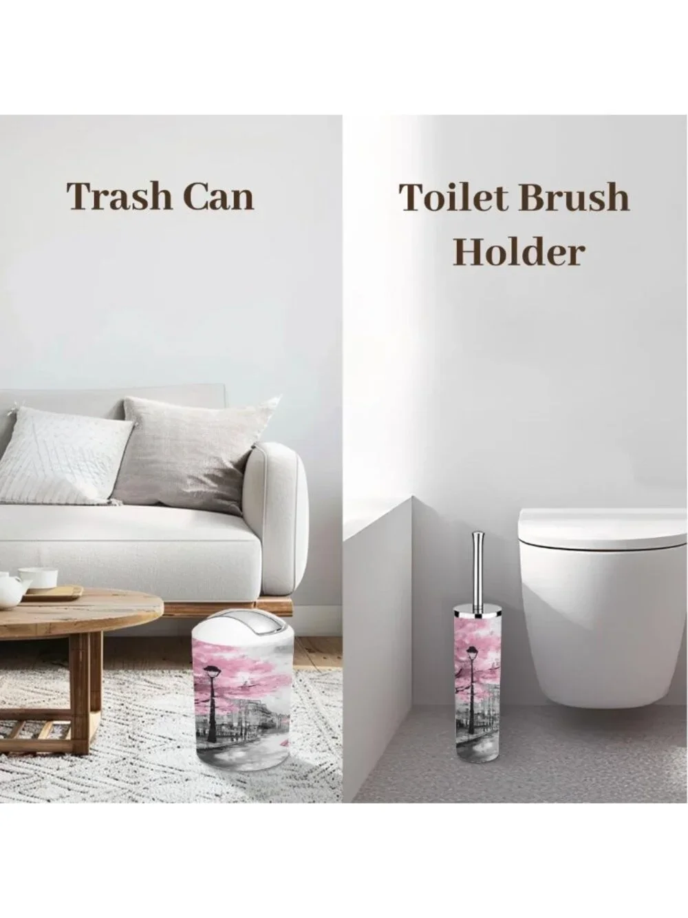 Chic 6-Piece Bathroom Accessory Set - Modern Parisian Design, Black & Pink Decor